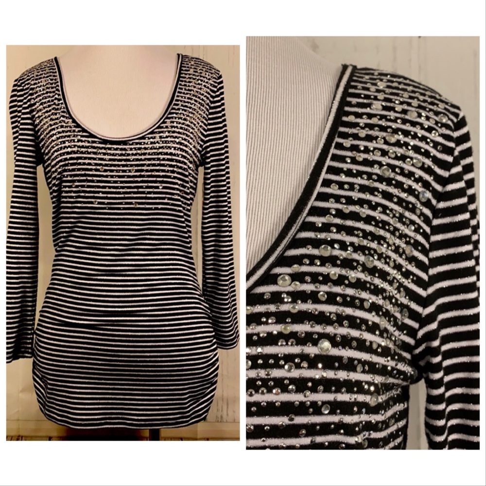 Cache NWOT Crystal Embellished Striped Top With Ruched Sides